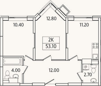 Планировка: 2-к, 53,1 м²