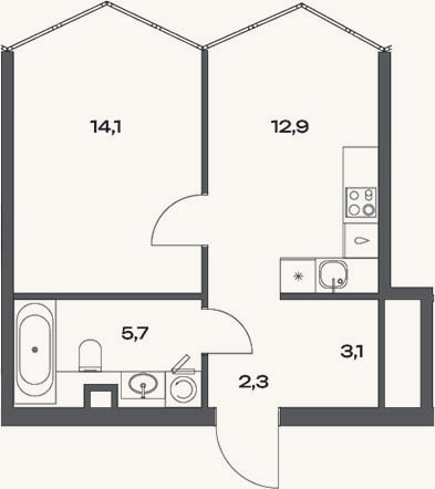 Планировка: 2-к, 38,1 м²