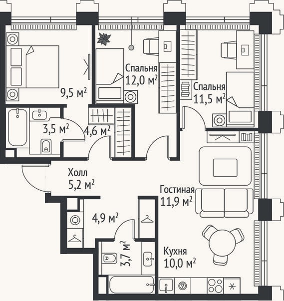 Планировка: 4+ к, 76,8 м²
