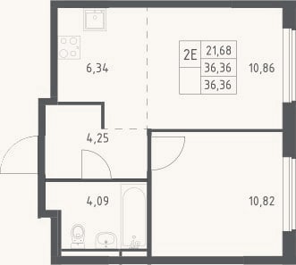 Планировка: 2-к, 36,4 м²
