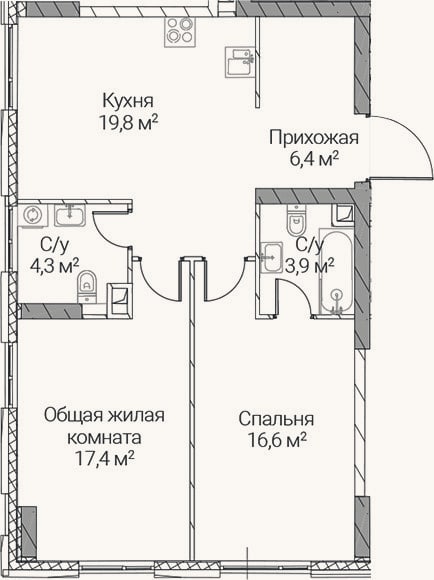 Планировка: 2-к, 68,4 м²
