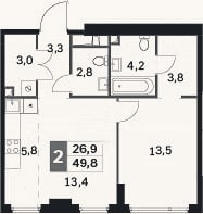 Планировка: 2-к, 49,8 м²