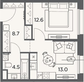 Планировка: 1-к, 38,8 м²