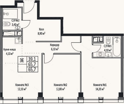 Планировка: 3-к, 65,7 м²