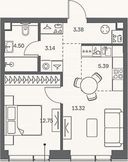 Планировка: 2-к, 42,5 м²
