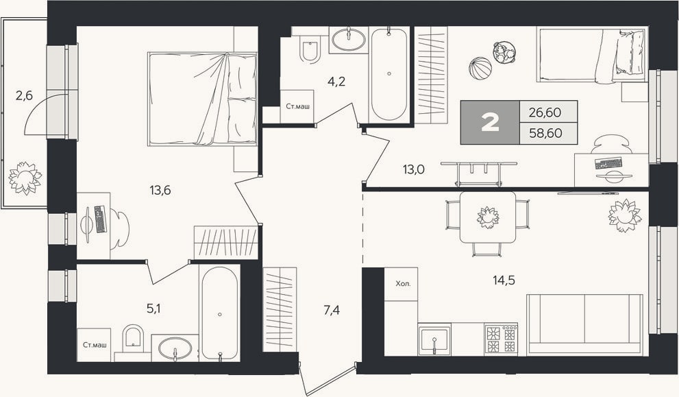 Планировка: 2-к, 57,8 м²