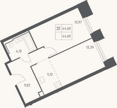 Планировка: 2-к, 44,6 м²
