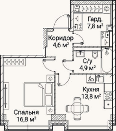 Планировка: 1-к, 47,2 м²