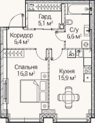 Планировка: 1-к, 50,6 м²