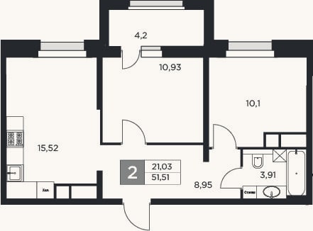 Планировка: 3-к, 49,4 м²