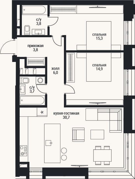Планировка: 3-к, 78,2 м²