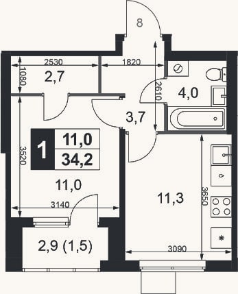 Планировка: 1-к, 32,7 м²