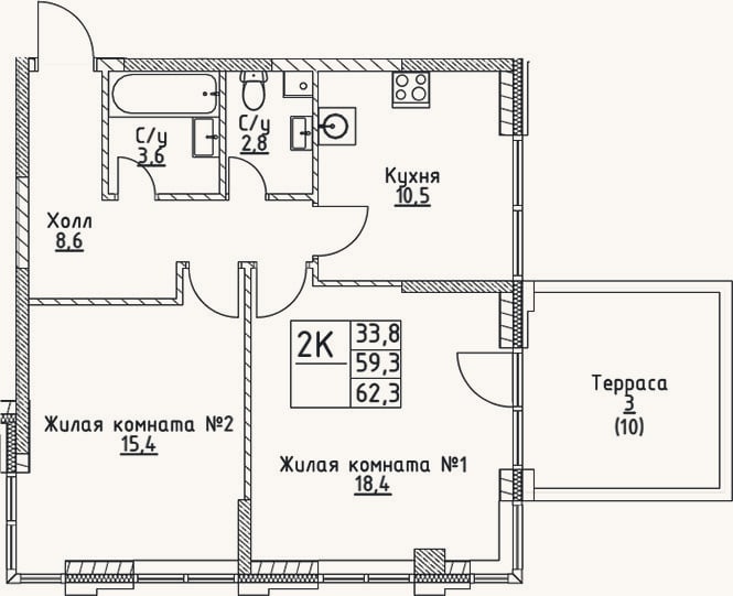Планировка: 2-к, 59,3 м²