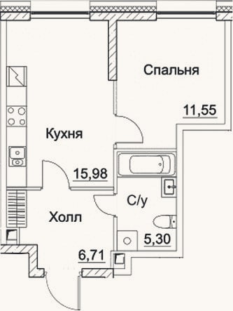 Планировка: 2-к, 39,5 м²