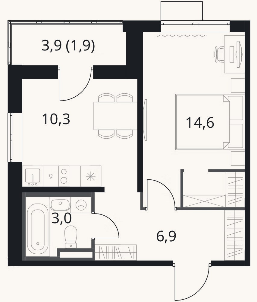 Планировка: 1-к, 34,8 м²