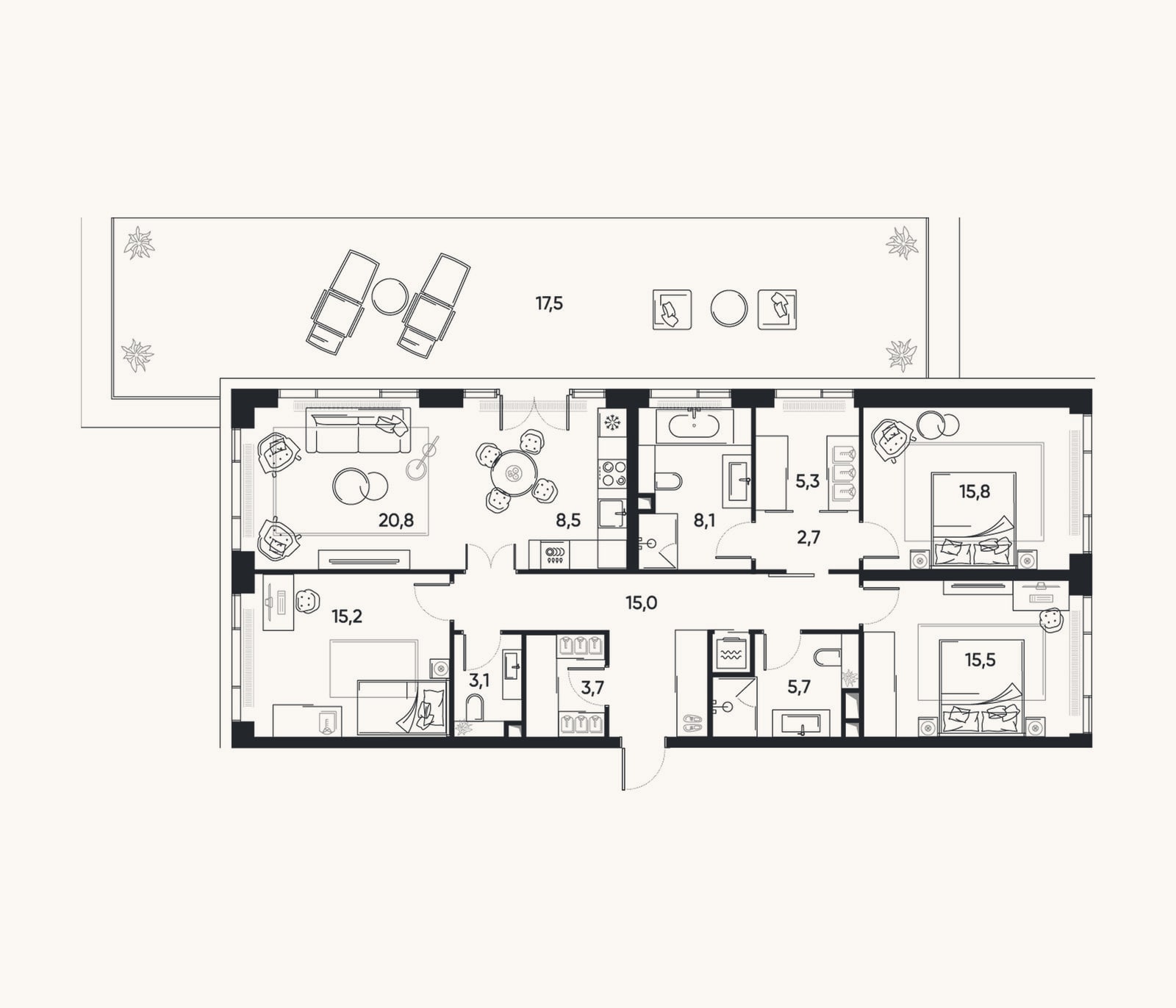 Планировка: 4+ к, 115,7 м²