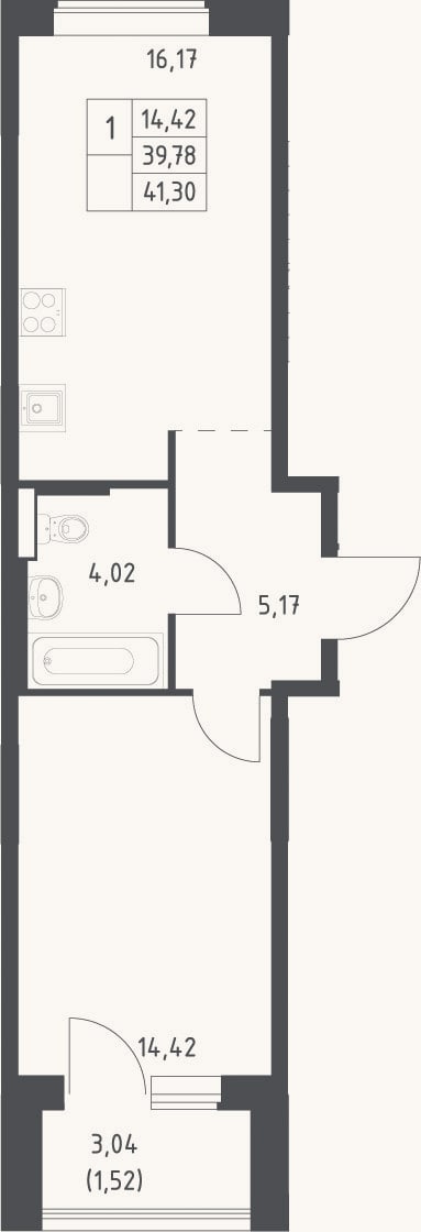 Планировка: 2-к, 39,8 м²