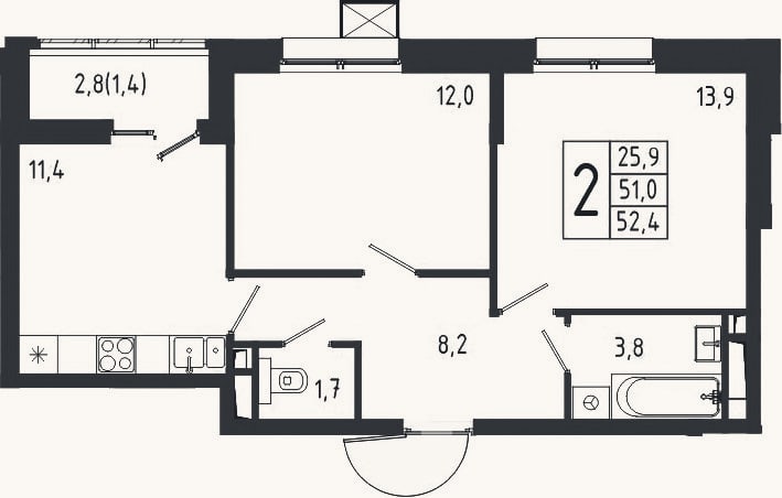 Планировка: 2-к, 51 м²