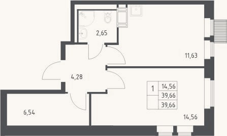Планировка: 1-к, 39,7 м²