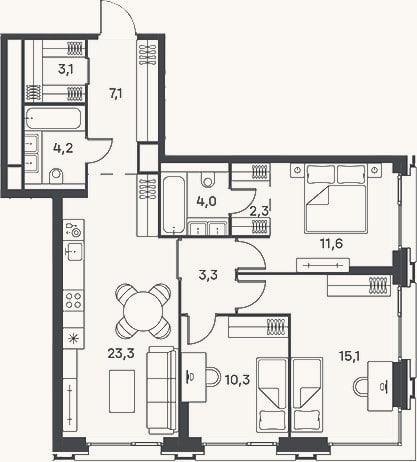 Планировка: 4+ к, 84,3 м²