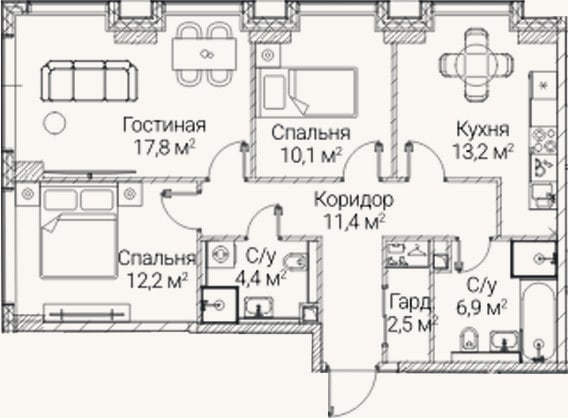 Планировка: 3-к, 78,5 м²