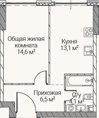 Планировка: 1-к, 38,3 м²