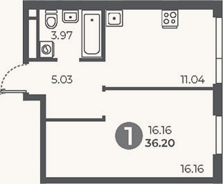 Планировка: 1-к, 36,2 м²