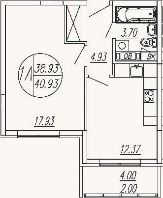 Планировка: 1-к, 38,9 м²
