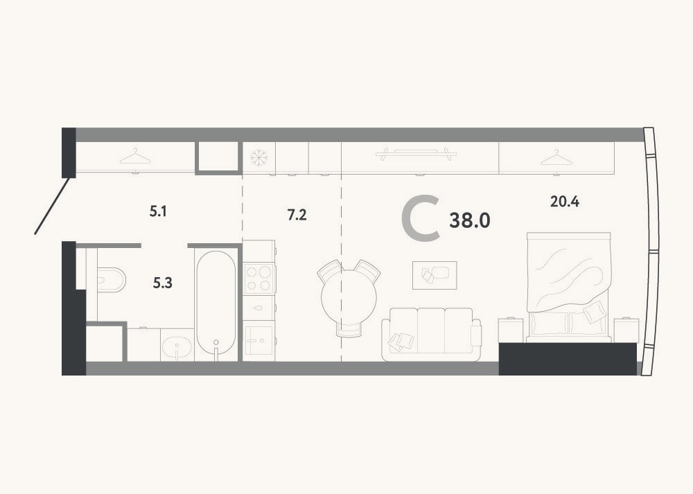 Планировка: Студия, 38 м²