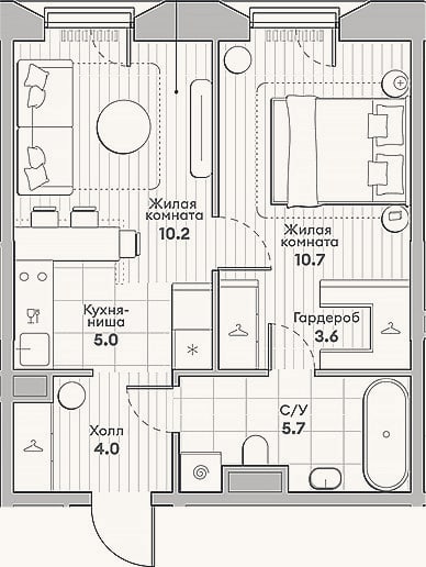 Планировка: 2-к, 39,2 м²