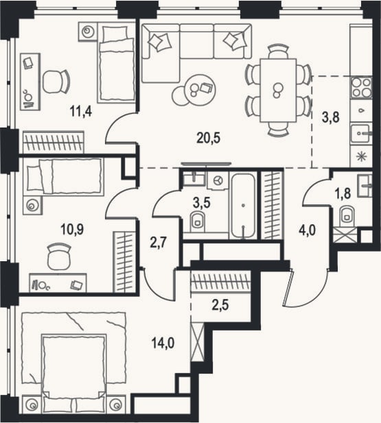 Планировка: 4+ к, 75,1 м²