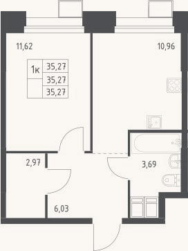 Планировка: 1-к, 35,3 м²