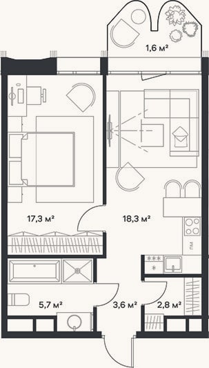 Планировка: 2-к, 47,7 м²