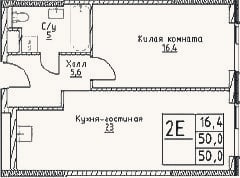 Планировка: 2-к, 50 м²
