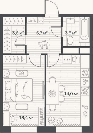 Планировка: 1-к, 40,2 м²