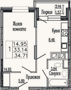 Планировка: 1-к, 34,1 м²