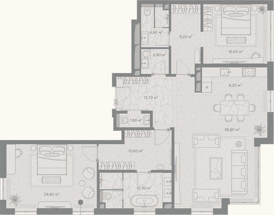 Планировка: 2-к, 138,5 м²