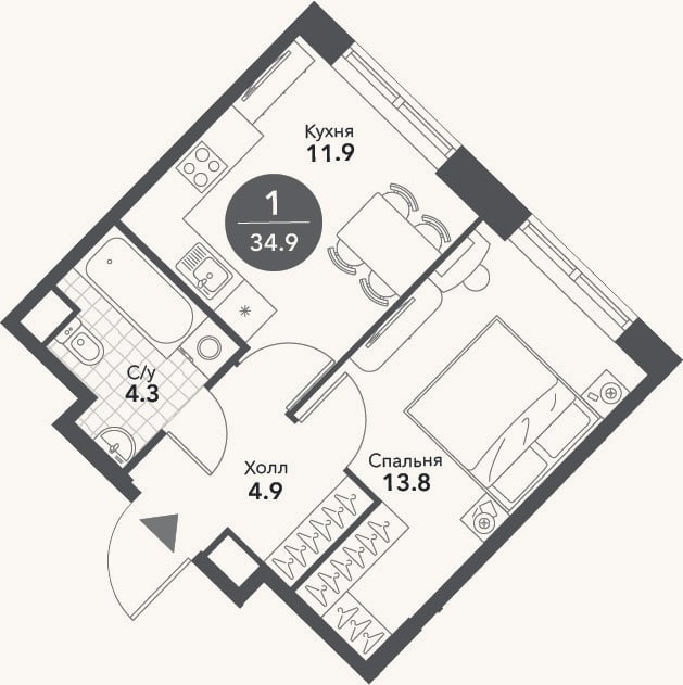 Планировка: 1-к, 34,9 м²