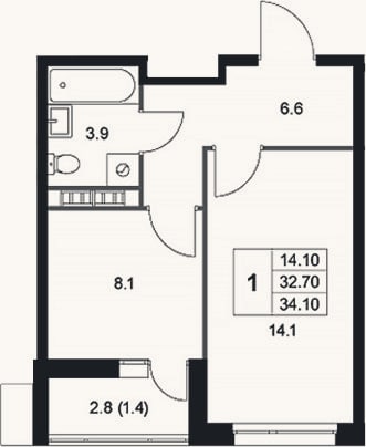 Планировка: 1-к, 32,7 м²