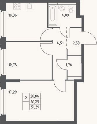 Планировка: 2-к, 51,3 м²