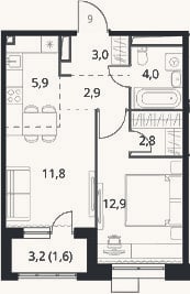 Планировка: 2-к, 43,3 м²