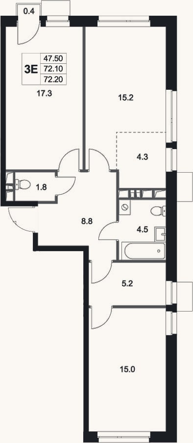 Планировка: 3-к, 72,1 м²