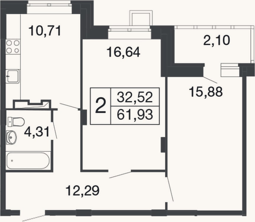 Планировка: 2-к, 59,8 м²