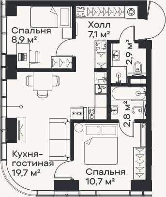 Планировка: 3-к, 52,1 м²