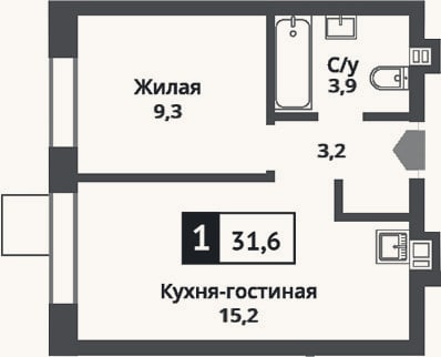Планировка: 2-к, 31,6 м²