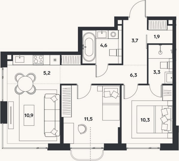 Планировка: 3-к, 57,7 м²
