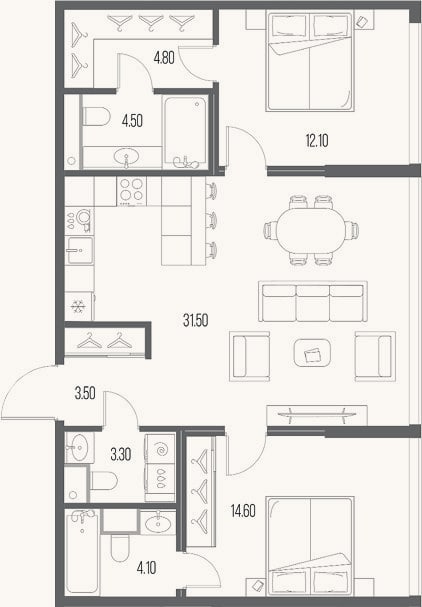 Планировка: 2-к, 78,4 м²