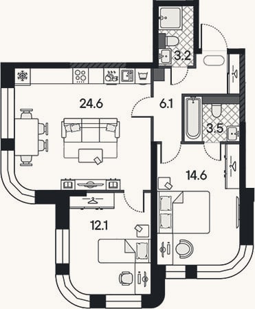 Планировка: 3-к, 64,1 м²