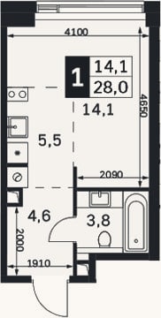 Планировка: Студия, 28 м²