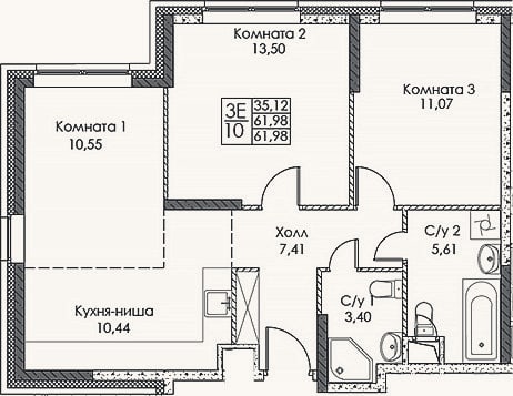 Планировка: 3-к, 62 м²